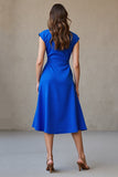 Royal Blue V-Neck Cap Sleeves A Line Work Dress with Belt