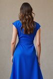 Royal Blue V-Neck Cap Sleeves A Line Work Dress with Belt