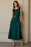 Dark Green Round Neck Satin Maxi Work Dress with Belt