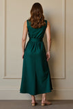 Dark Green Round Neck Satin Maxi Work Dress with Belt