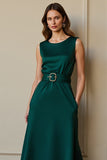 Dark Green Round Neck Satin Maxi Work Dress with Belt