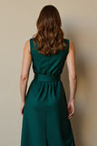 Dark Green Round Neck Satin Maxi Work Dress with Belt