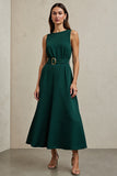 Dark Green A Line Maxi Work Dress with Belt