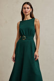 Dark Green A Line Maxi Work Dress with Belt