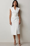White Notched Lapel Midi Work Dress with Belt