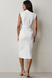 White Notched Lapel Midi Work Dress with Belt