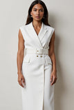 White Notched Lapel Midi Work Dress with Belt