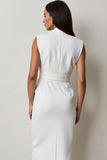 White Notched Lapel Midi Work Dress with Belt
