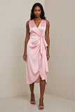 Pink Satin Ruched Sheath Maxi Work Dress with Sash