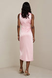 Pink Satin Ruched Sheath Maxi Work Dress with Sash