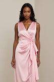 Pink Satin Ruched Sheath Maxi Work Dress with Sash
