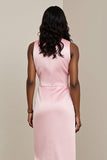 Pink Satin Ruched Sheath Maxi Work Dress with Sash