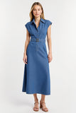 Grey Blue Cap Sleeves Sheath Maxi Work Dress with Belt