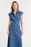 Grey Blue Cap Sleeves Sheath Maxi Work Dress with Belt