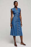 Grey Blue Midi A Line Work Dress with Belt