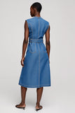 Grey Blue Midi A Line Work Dress with Belt
