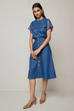Grey Blue Round Neck Midi Work Dress with Sleeves