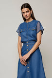 Grey Blue Round Neck Midi Work Dress with Sleeves