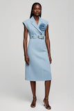 Light Blue Floral Notched Lapel Midi Work Dress with Belt