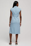 Light Blue Floral Notched Lapel Midi Work Dress with Belt
