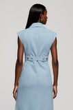 Light Blue Floral Notched Lapel Midi Work Dress with Belt