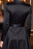 Black Peak Lapel Short Work Dress with Long Sleeves