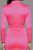 Fuchsia Notched Lapel Tight Short Work Dress with Sleeves