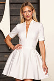 White V-Neck Short A Line Work Dress with Sleeves