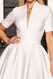 White V-Neck Short A Line Work Dress with Sleeves