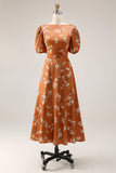 Orange Floral Printed A Line Midi Work Dress with Sleeves
