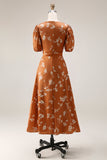 Orange Floral Printed A Line Midi Work Dress with Sleeves