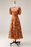 Orange Floral Printed A Line Midi Work Dress with Sleeves