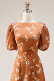 Orange Floral Printed A Line Midi Work Dress with Sleeves