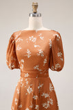 Orange Floral Printed A Line Midi Work Dress with Sleeves