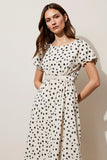 White Polka Dot A Line Midi Work Dress with Short Sleeves