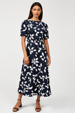 Print Navy A Line Midi Work Dress with Short Sleeves