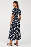 Print Navy A Line Midi Work Dress with Short Sleeves