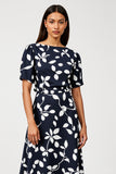 Print Navy A Line Midi Work Dress with Short Sleeves