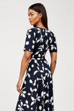 Print Navy A Line Midi Work Dress with Short Sleeves