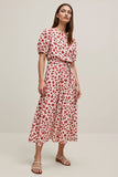 Red A Line Bateau Neck Printed Midi Work Dress