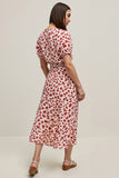 Red A Line Bateau Neck Printed Midi Work Dress