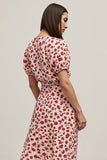 Red A Line Bateau Neck Printed Midi Work Dress