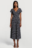 Black Polka Dot V Neck A Line Midi Work Dress