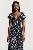 Black Polka Dot V Neck A Line Midi Work Dress