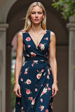 Dark Blue Floral Print A Line Midi Work Dress