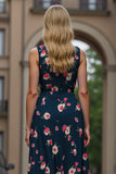 Dark Blue Floral Print A Line Midi Work Dress