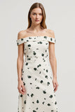 Off the Shoulder Printed A Line White Work Dress