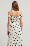 Off the Shoulder Printed A Line White Work Dress