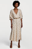 Apricot Half Sleeve V Neck Printed Work Dress with Belt