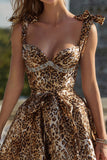 Sparkly Khaki Leopard Printed Beaded Short Cocktail Dress